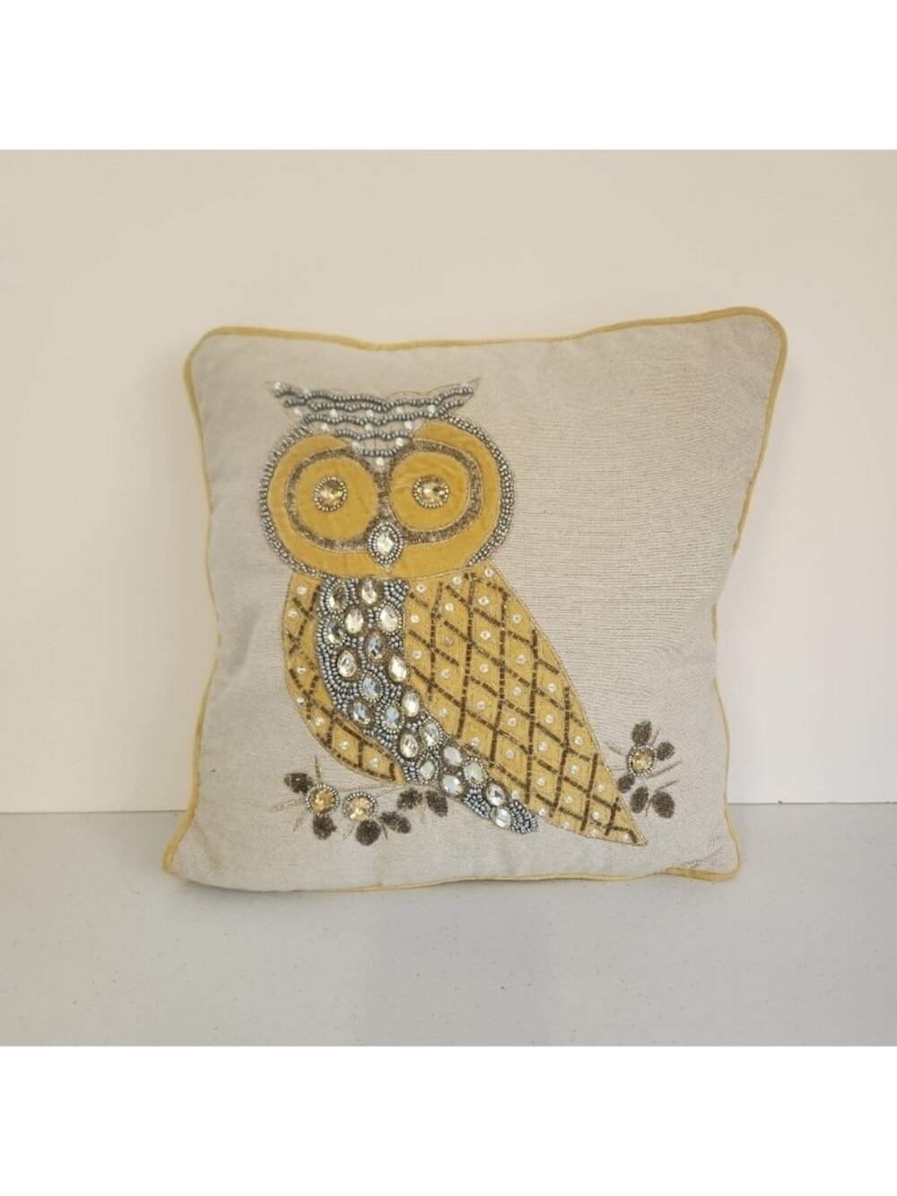 Pier 1 Imports Beaded Jeweled Embroidered Owl Pillow 14" x 14" Yellow Silver